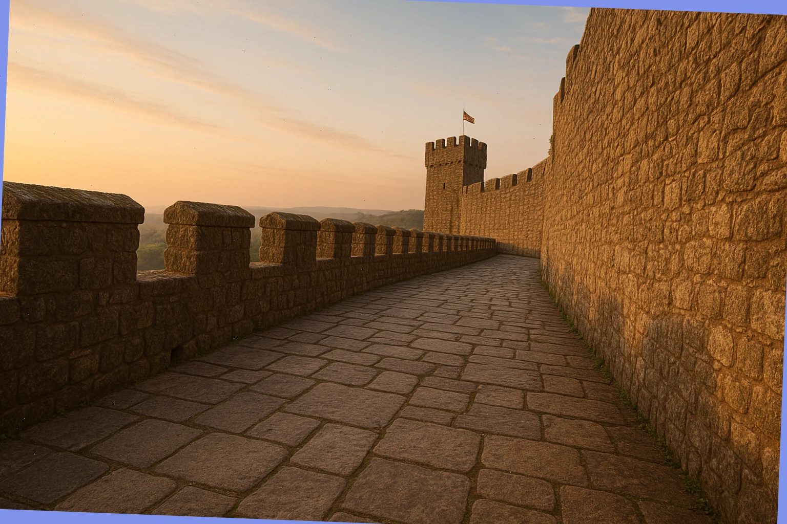 Stone walkway around the outer bailey with low parapet