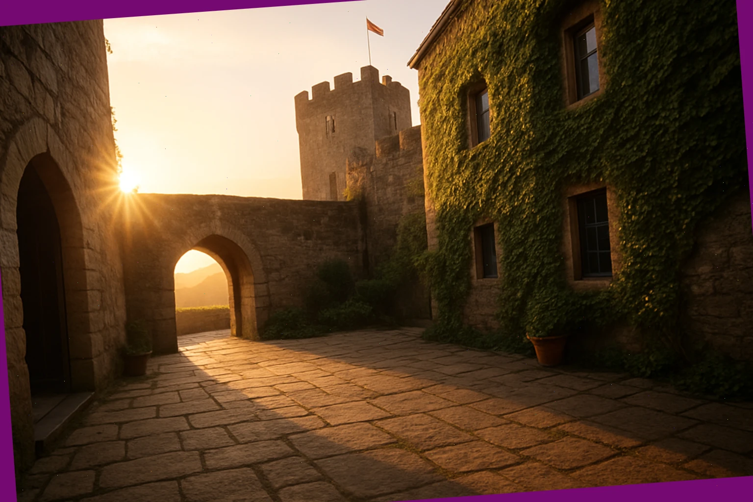 First light in a castle courtyard with flagstones and ivy walls