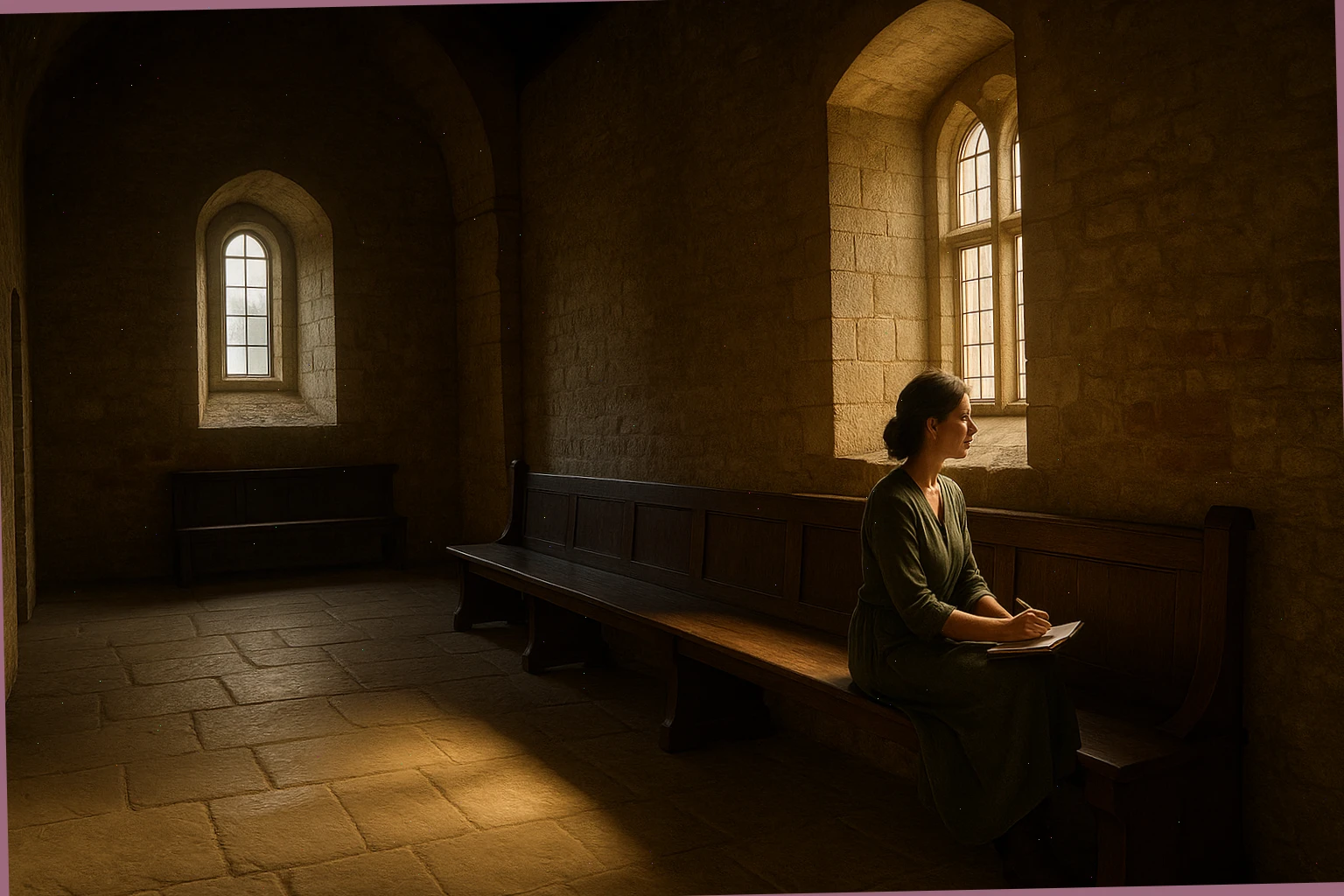 Quiet great hall with a wooden bench and soft light