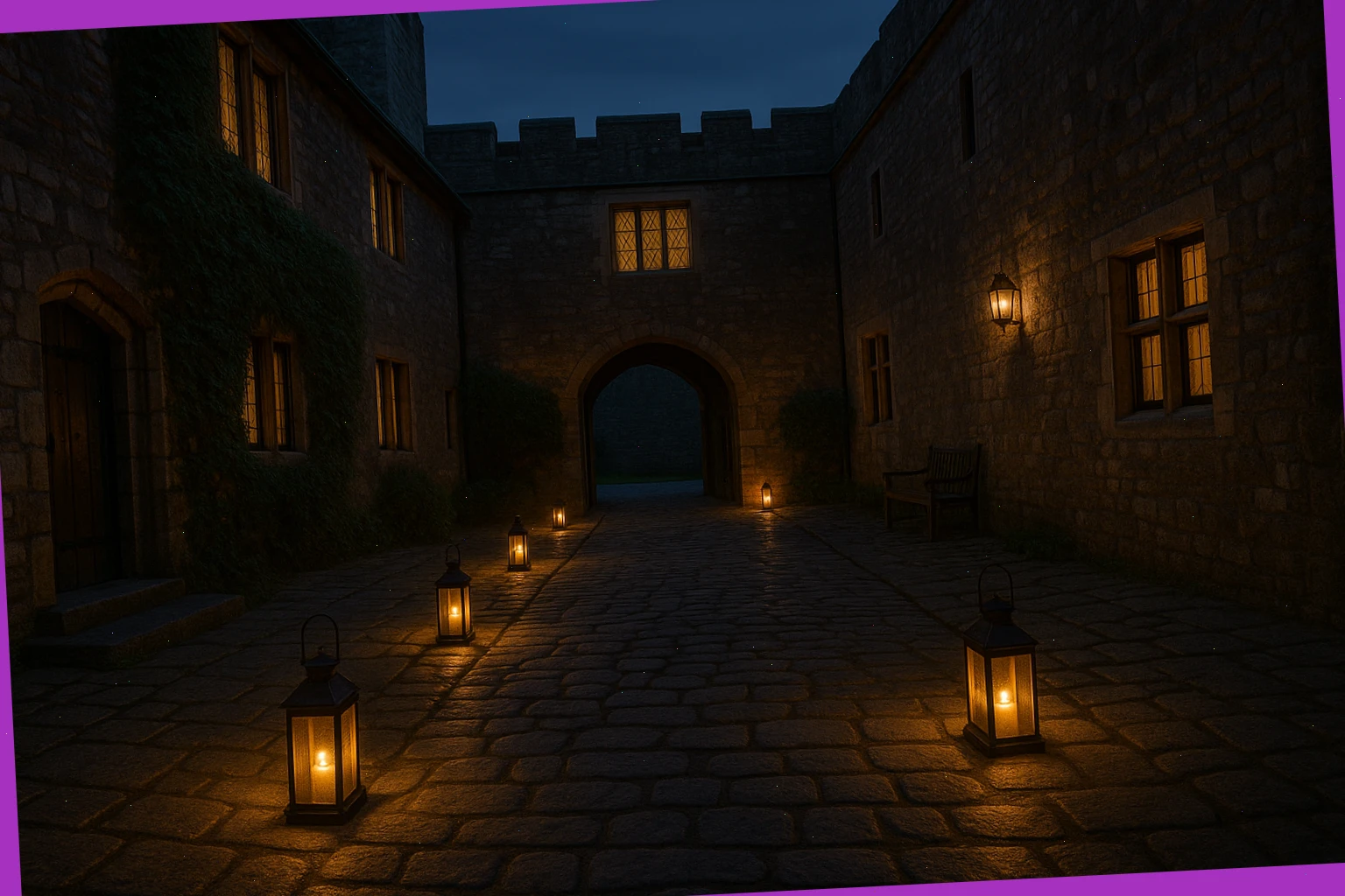 Courtyard at dusk with lanterns along the walkway